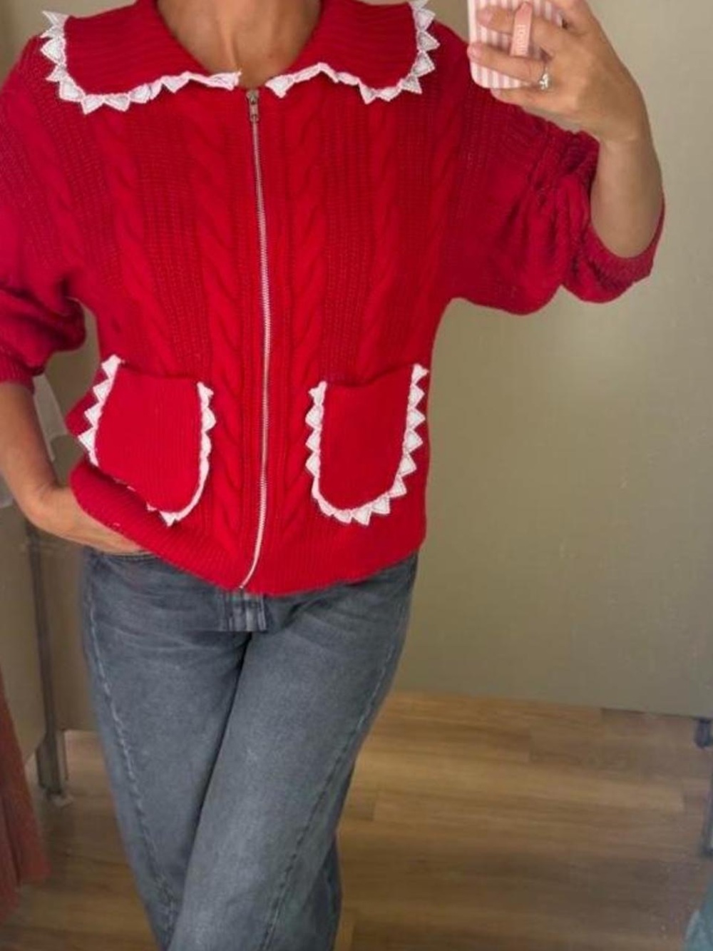Jacquie the Label Red Cabel Knit Zip-Front Cardigan with White Heart Trim Size M
